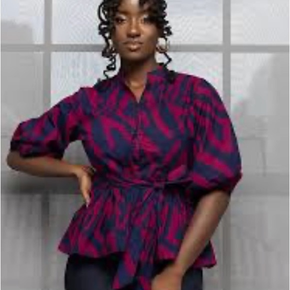 D'IYANU Women's Cotton African Print Peplum Berry Zebra Abstract - Picture 1 of 4